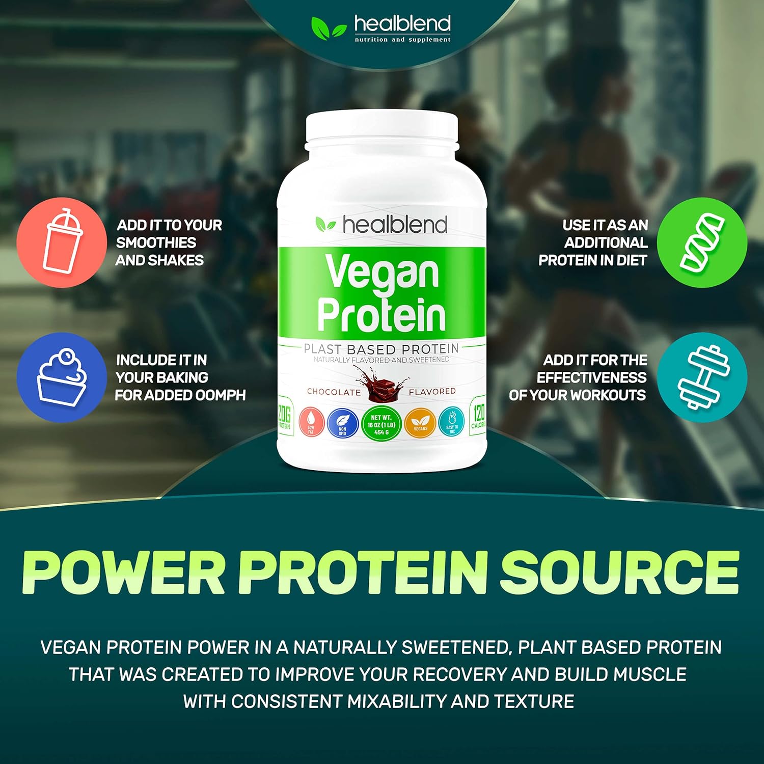 Plant-Based Protein Powder - Vegan Dietary Supplement for Women and Men, Gluten-Free, Non-GMO, Erythritol-Free pea protein