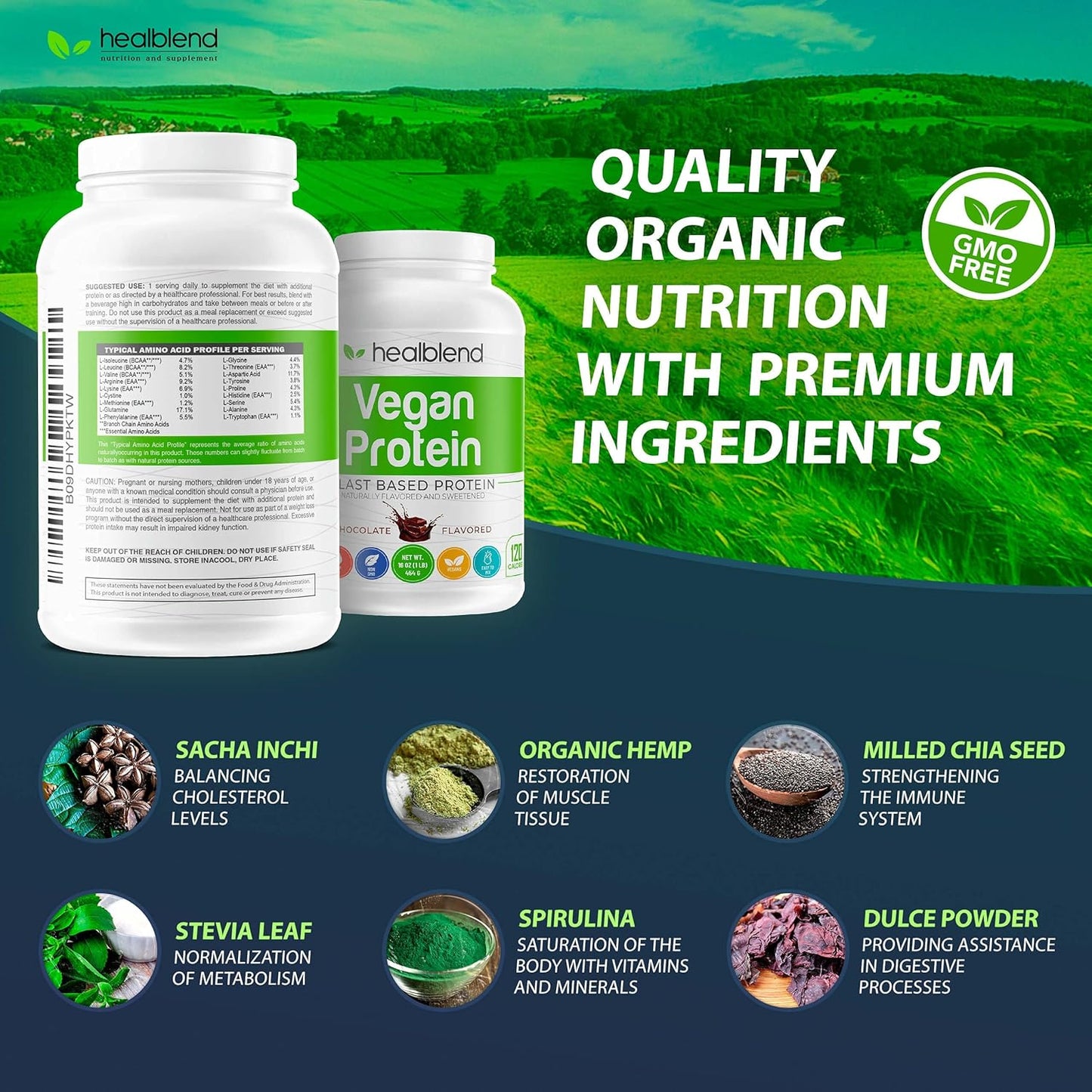 Plant-Based Protein Powder - Vegan Dietary Supplement for Women and Men, Gluten-Free, Non-GMO, Erythritol-Free pea protein
