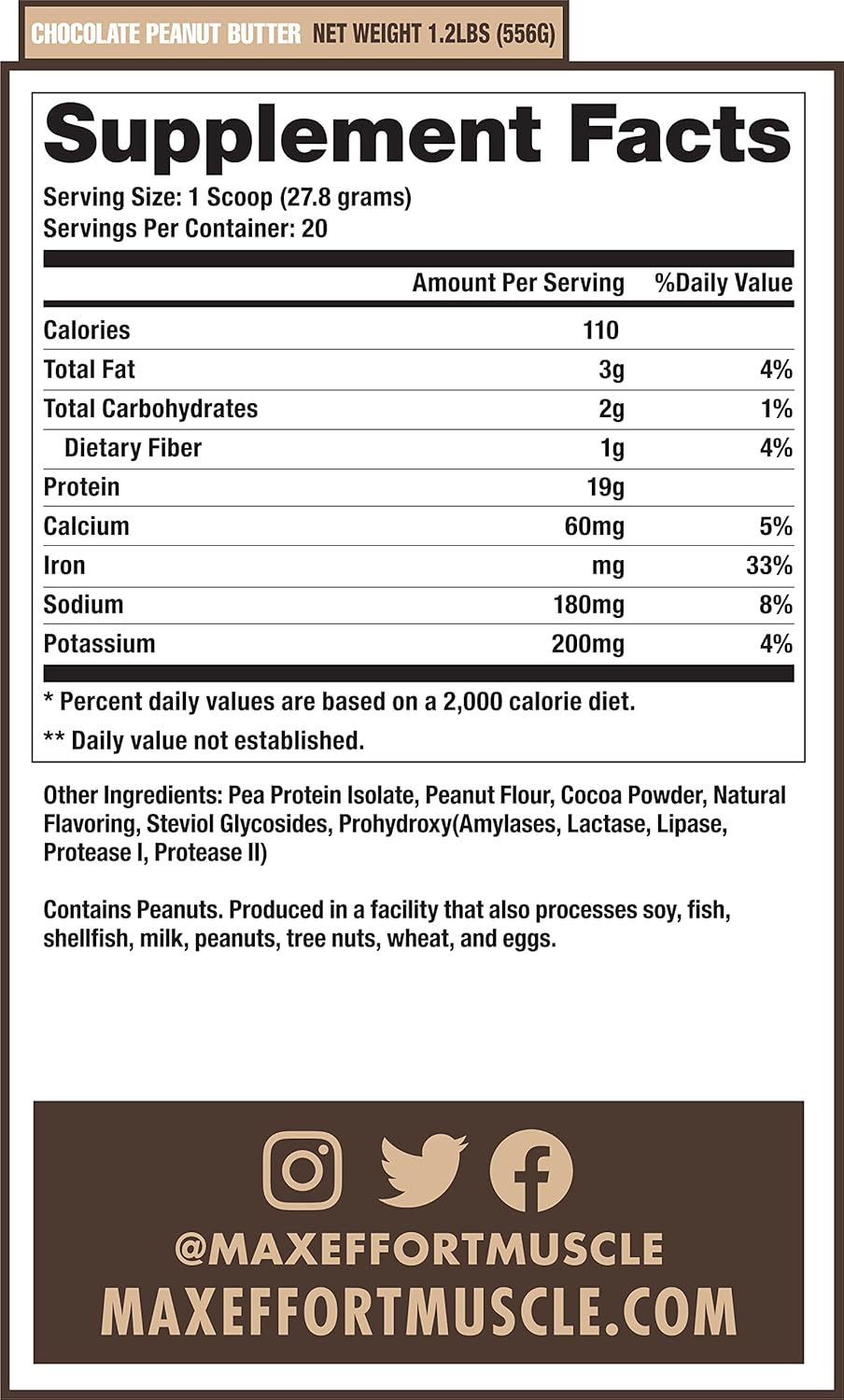 Plant Based Protein Powder, Chocolate Peanut Butter Flavor, 19g Pea Protein, Gluten Free, Low Carb, Meal Replacement Shake Mix - 20 Servings