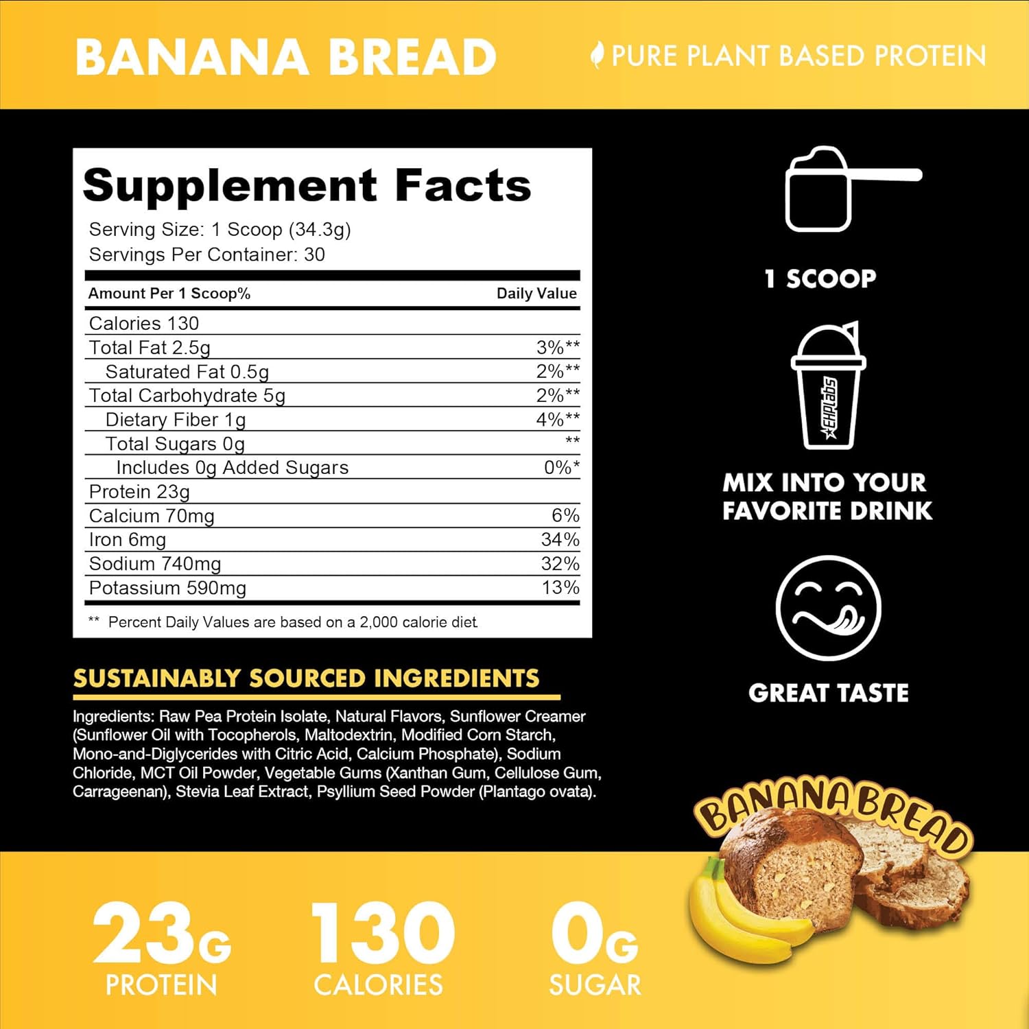 Plant Based Protein Shake - Vegan Protein Powder with 23g of Pea Protein, Dairy/Gluten/Soy Free, No Added Sugar - 30 Servings (Banana Bread)