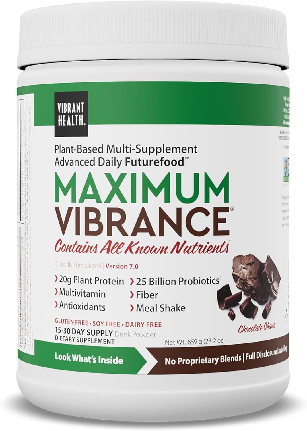 Plant-Based Protein Shake: Maximum Vibrance Vegan Meal Replacement, Chocolate Chunk - 15 Servings for Vibrant Health