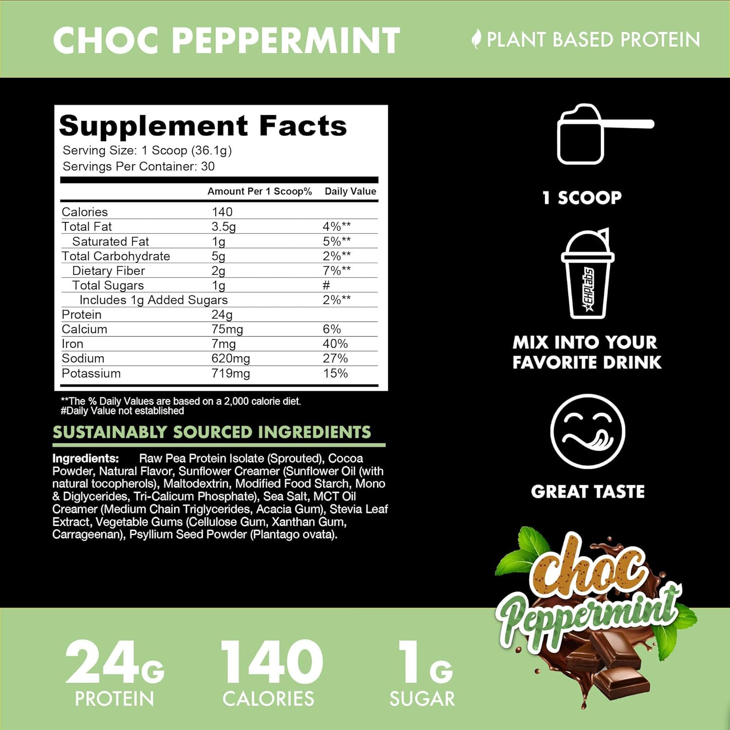 Plant Based Protein Shake Meal Replacement Powder - 23g of Pea Protein - Dairy & Gluten Free - No Added Sugar - Choc Peppermint Flavor - 30 Servings