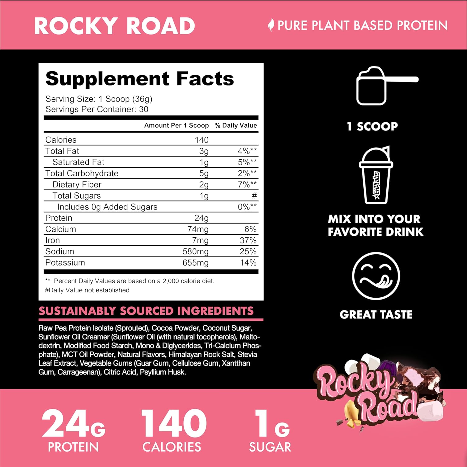 Plant-Based Protein Shake Powder - Vegan Meal Replacement with 23g of Pea Protein, Dairy/Gluten/Soy-Free, No Added Sugar - 30 Servings (Rocky Road)