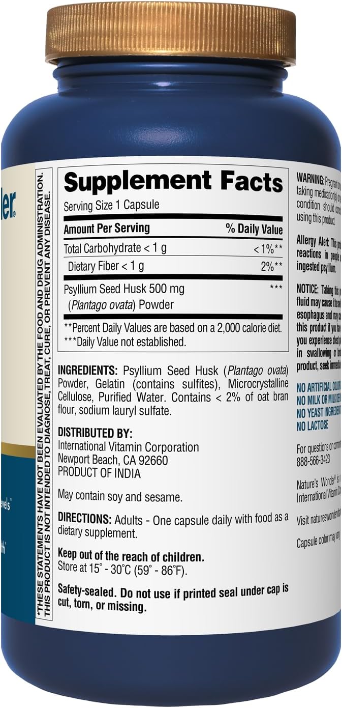 Plant-Based Psyllium Husk Capsules 500 mg for Digestive Health - 200 Count