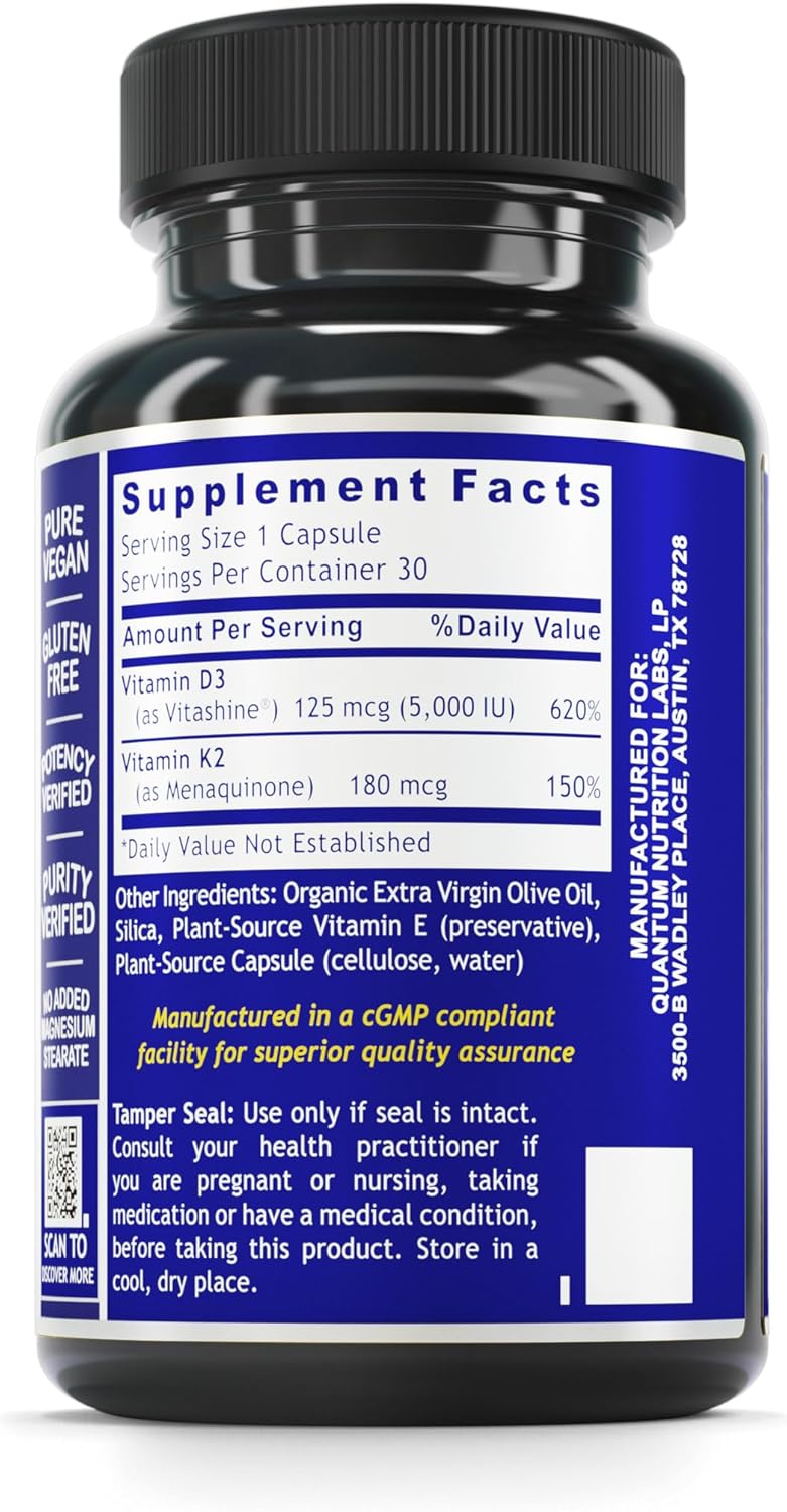 Plant-Based Quantum Vitamin D3 & K2 Capsules for Bone and Cardiovascular Health - Vegan Formula for Calcium Metabolism, Blood Circulation, and Bone Strength - 30 Count