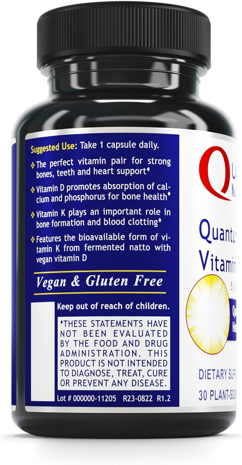 Plant-Based Quantum Vitamin D3 & K2 Capsules for Bone and Cardiovascular Health - Vegan Formula for Calcium Metabolism, Blood Circulation, and Bone Strength - 30 Count