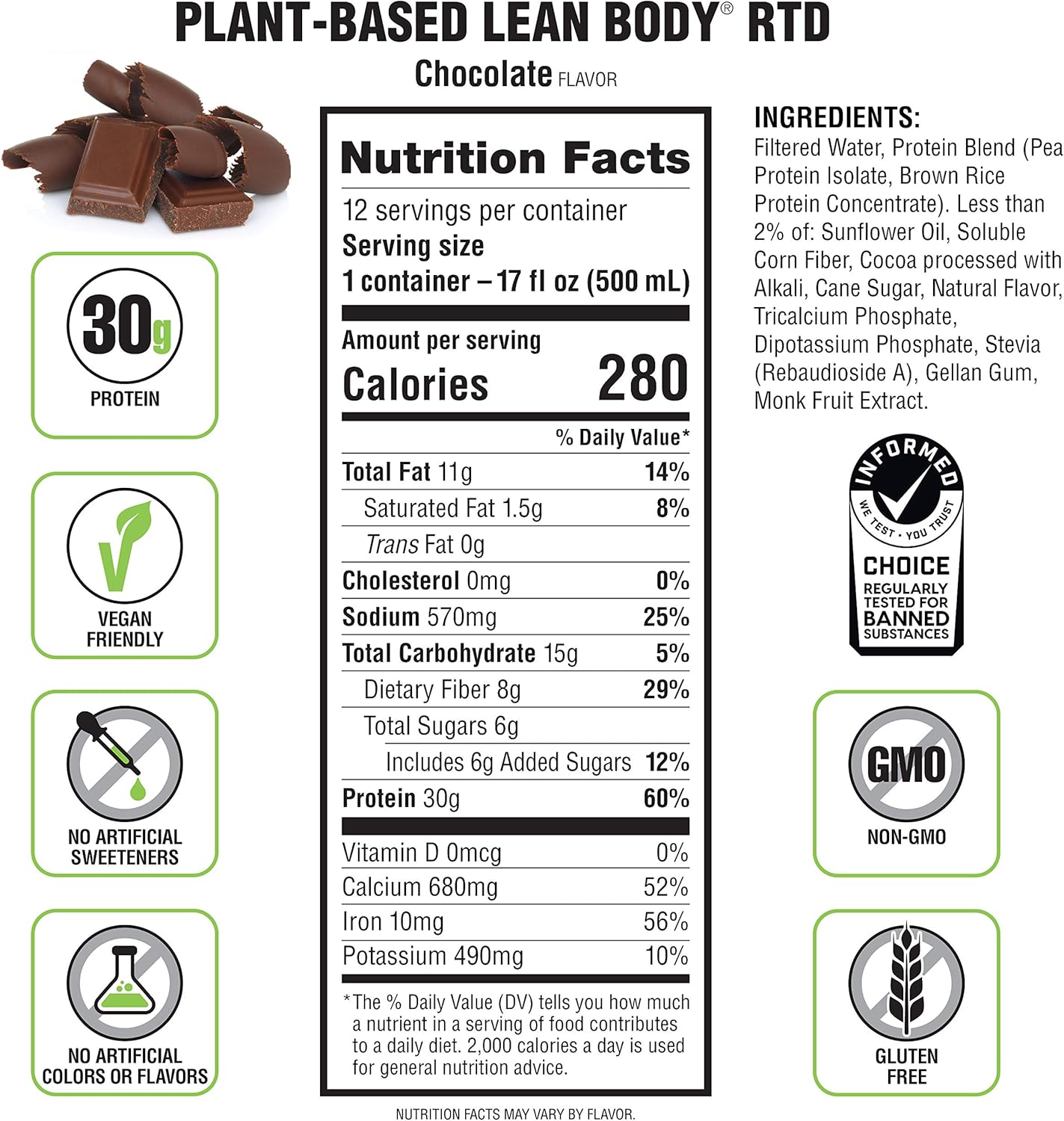 Plant-Based Vegan Chocolate Protein Shake, 30g Protein, No Artificial Ingredients, Non GMO, Gluten Free - Pack of 12