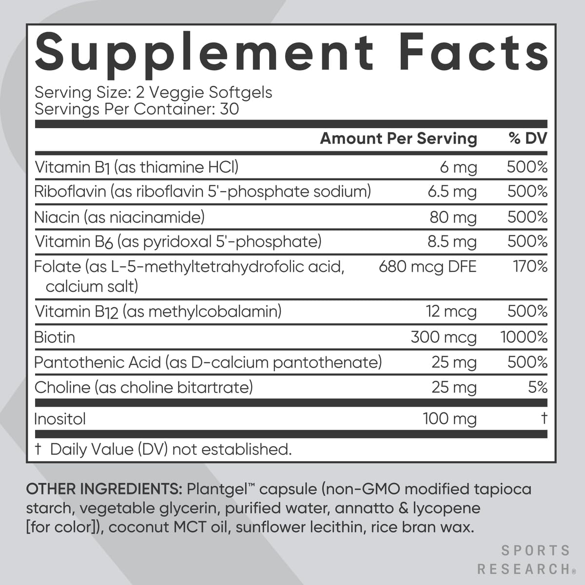 Plant-Based Vegan-Friendly Sports Research Vitamin B-Complex Softgels (60 Count)