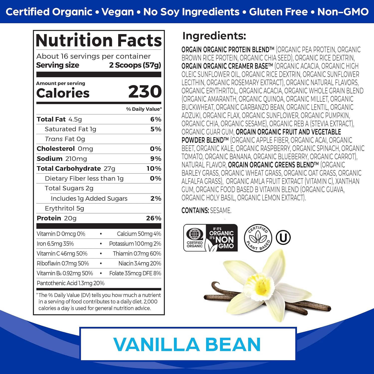 Plant-Based Vegan Meal Replacement Protein Powder with Vanilla Bean Flavor - 20g Protein, 6g Fiber, Fruits, Veggies, Greens - Gluten-Free, 2.01lb