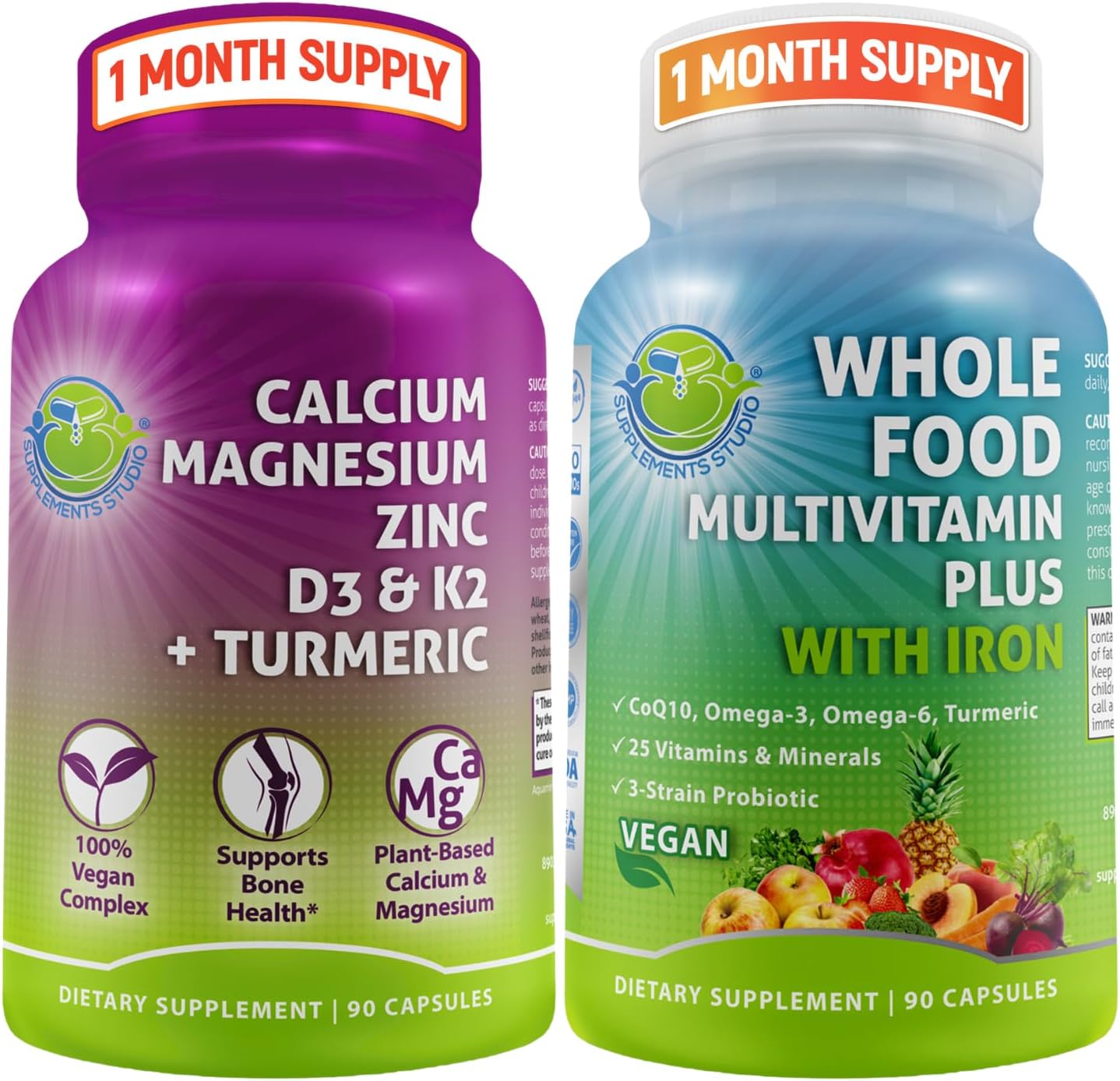 Plant-Based Vegan Multivitamin Bundle with Iron & Aquamin Calcium 500mg - Daily Whole Food Supplements for Health