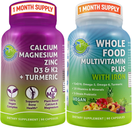 Plant-Based Vegan Multivitamin Bundle with Iron & Aquamin Calcium 500mg - Daily Whole Food Supplements for Health