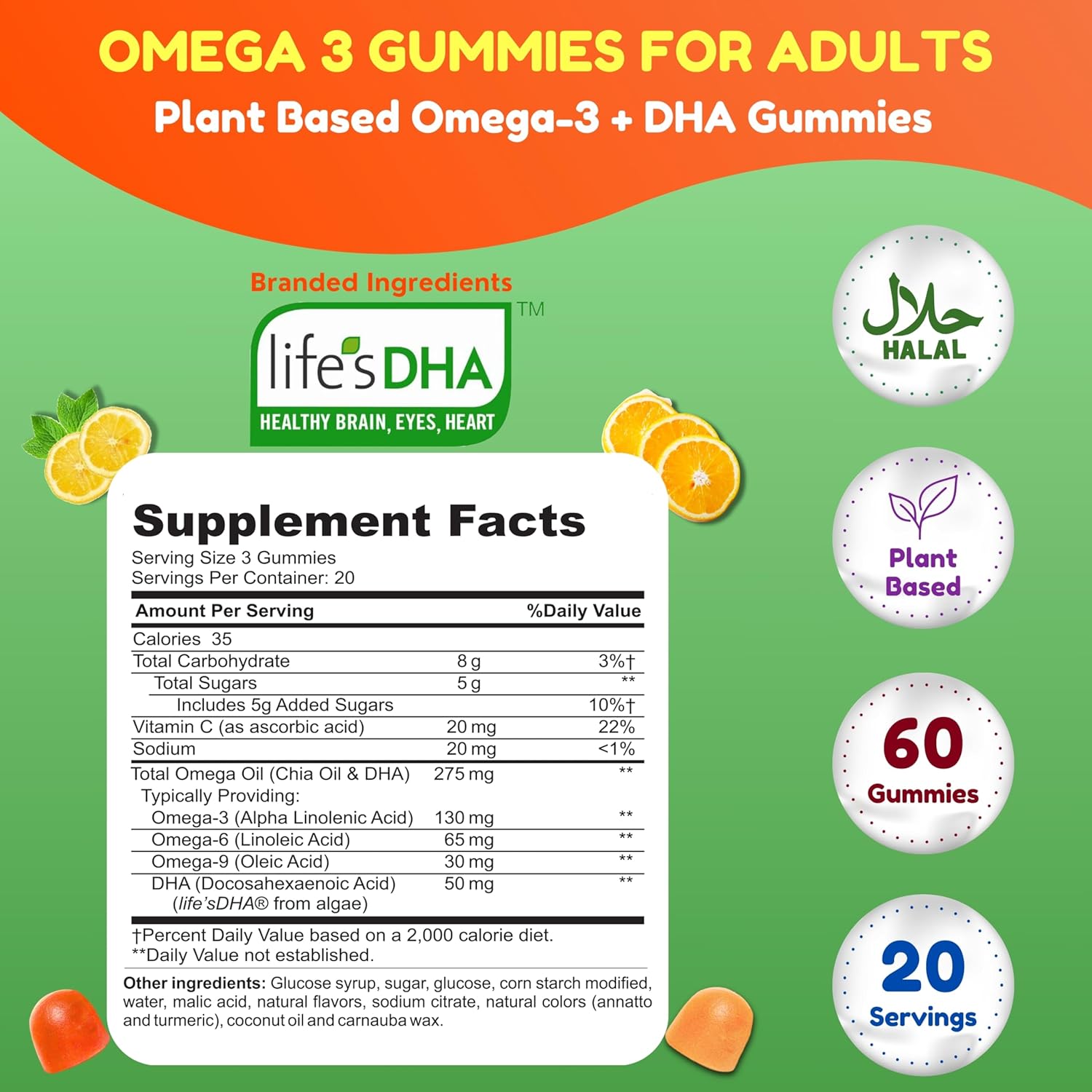 Plant-Based Vegan Omega 3 Gummies with DHA and Vitamin C for Brain and Cardiovascular Health - 60 Gummies - Halal