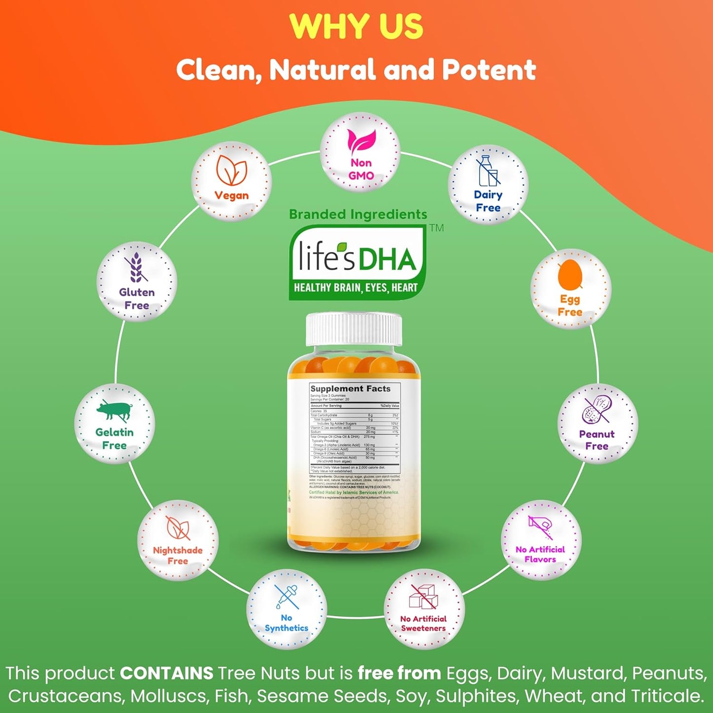 Plant-Based Vegan Omega 3 Gummies with DHA and Vitamin C for Brain and Cardiovascular Health - 60 Gummies - Halal