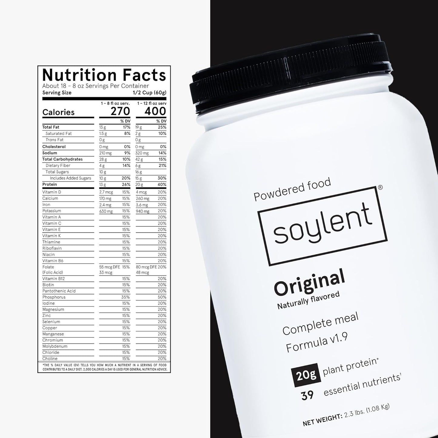 Plant-Based Vegan Protein Powder with 39 Essential Nutrients - Soylent Complete Nutrition Meal Replacement - 36.8oz
