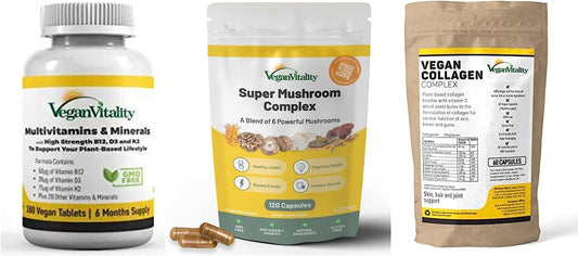 Plant-Based Vegan Superfood Supplement Bundle - Multivitamins, Collagen, Super Mushroom Complex - High Strength Formula for Vegans and Vegetarians
