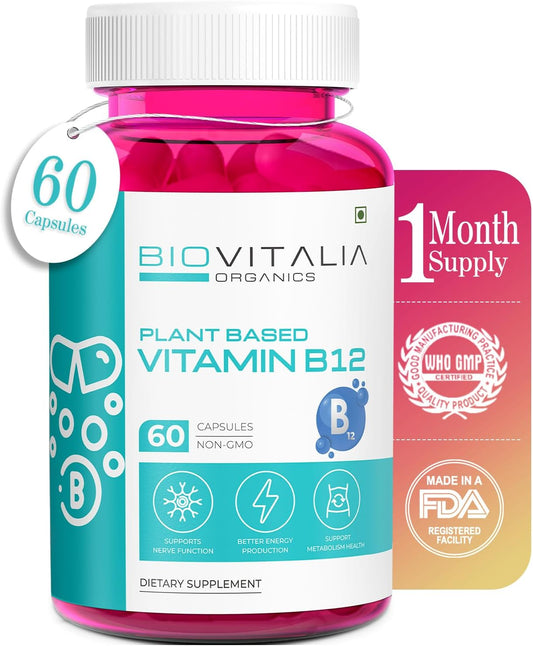 Plant-Based Vitamin B12 Capsules for Nerve Function & Metabolism - Biovitalia Organics Methyl Cobalamin Supplement with Wheat Grass, Spirulina, and Beetroot - 60 Vegan Capsules
