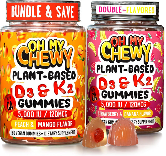 Plant-Based Vitamin D3 and K2 Gummies for Kids and Adults - High Potency 5000 IU Vitamin D, 120 mcg K2, 120mg Calcium - 60 Gummies - Strawberry, Banana, Peach, Mango