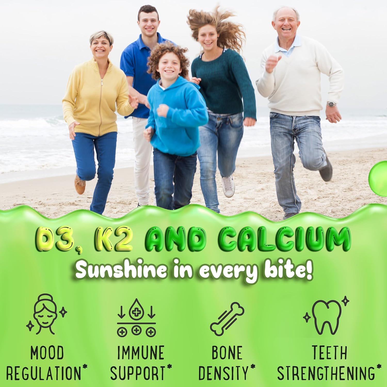 Plant-Based Vitamin D3 and K2 Gummies for Kids and Adults - 5000 IU Vitamin D, 120 mcg K2, 120mg Calcium - 120 Gummies - Peach, Mango, Apple, Kiwi - Chewy Gummies
