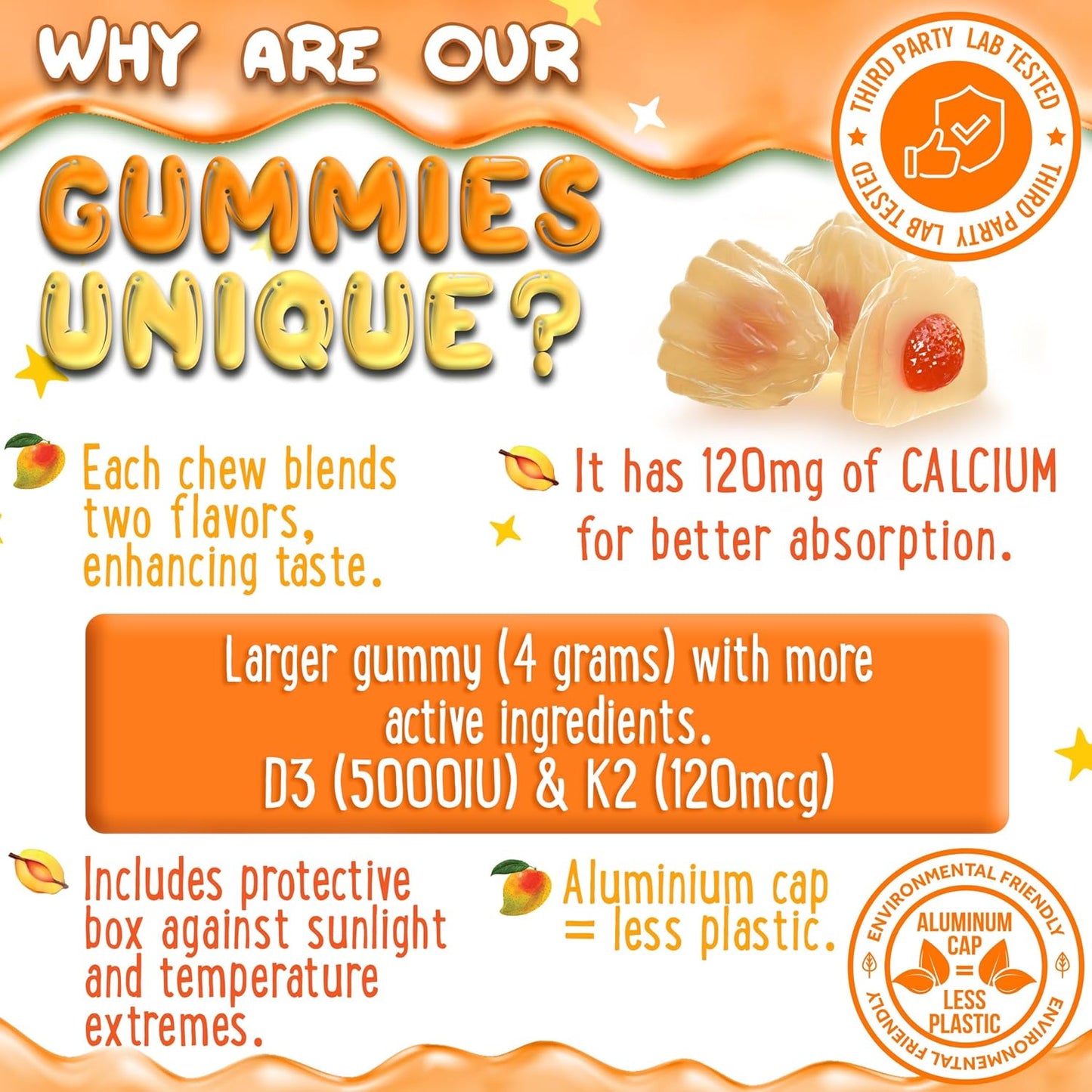 Plant-Based Vitamin D3 and K2 Gummies for Kids and Adults - 5000 IU Vitamin D, 120 mcg K2, 120mg Calcium - 120 Gummies - Peach, Mango, Apple, Kiwi - Chewy Gummies