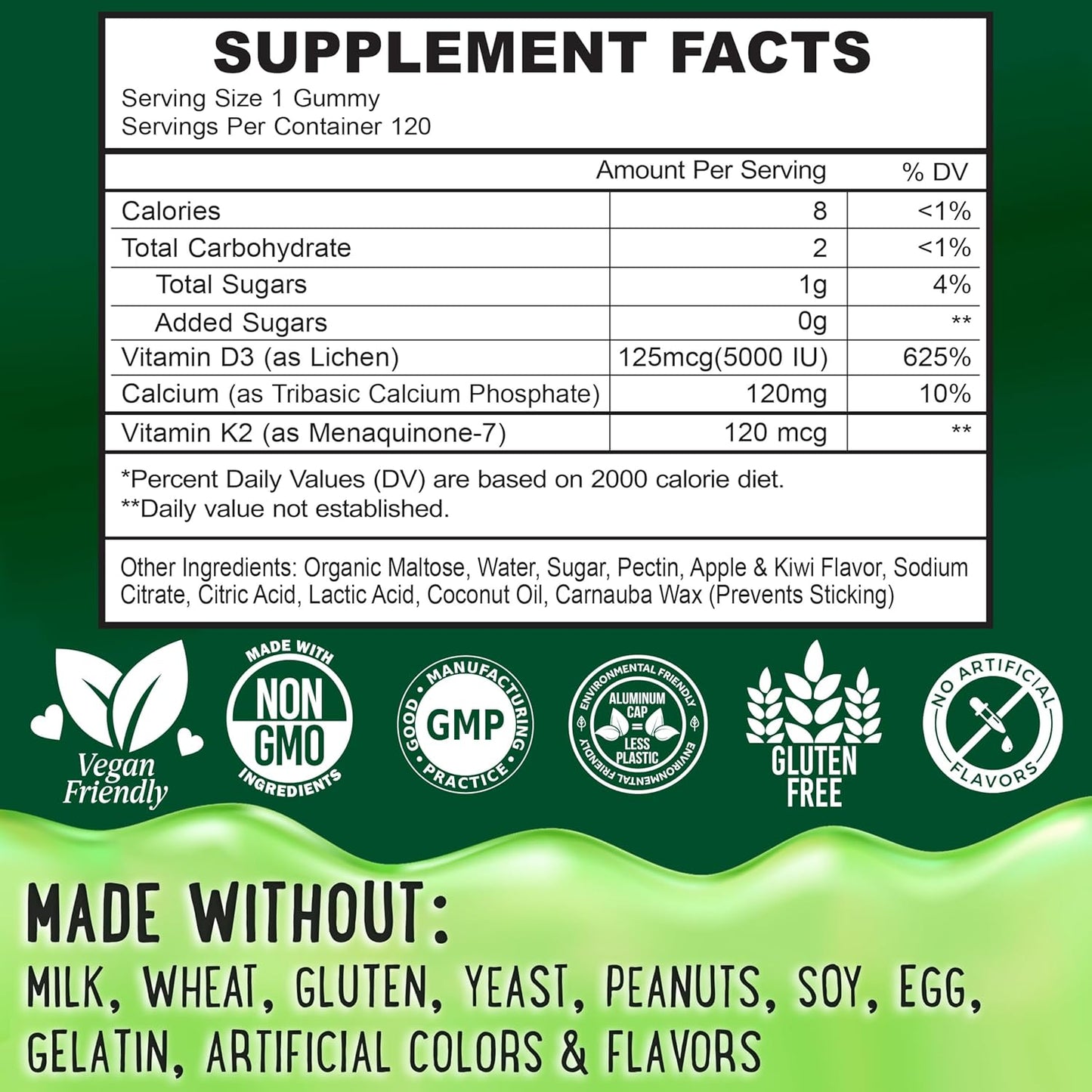 Plant-Based Vitamin D3 and K2 Gummies for Kids and Adults - 5000 IU Vitamin D, 120 mcg K2, 120mg Calcium - 120 Gummies - Peach, Mango, Apple, Kiwi - Chewy Gummies