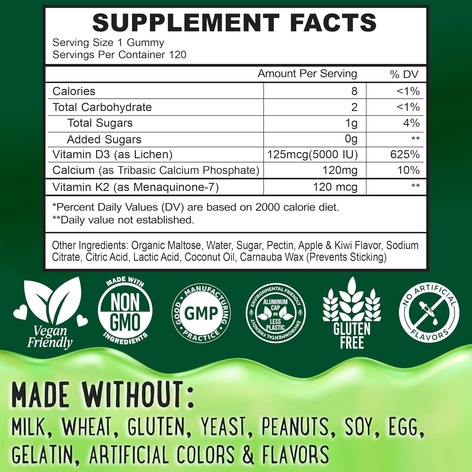 Plant-Based Vitamin D3 and K2 Gummies for Kids and Adults - 5000 IU Vitamin D, 120 mcg K2, 120mg Calcium - 120 Gummies - Peach, Mango, Apple, Kiwi - Chewy Gummies
