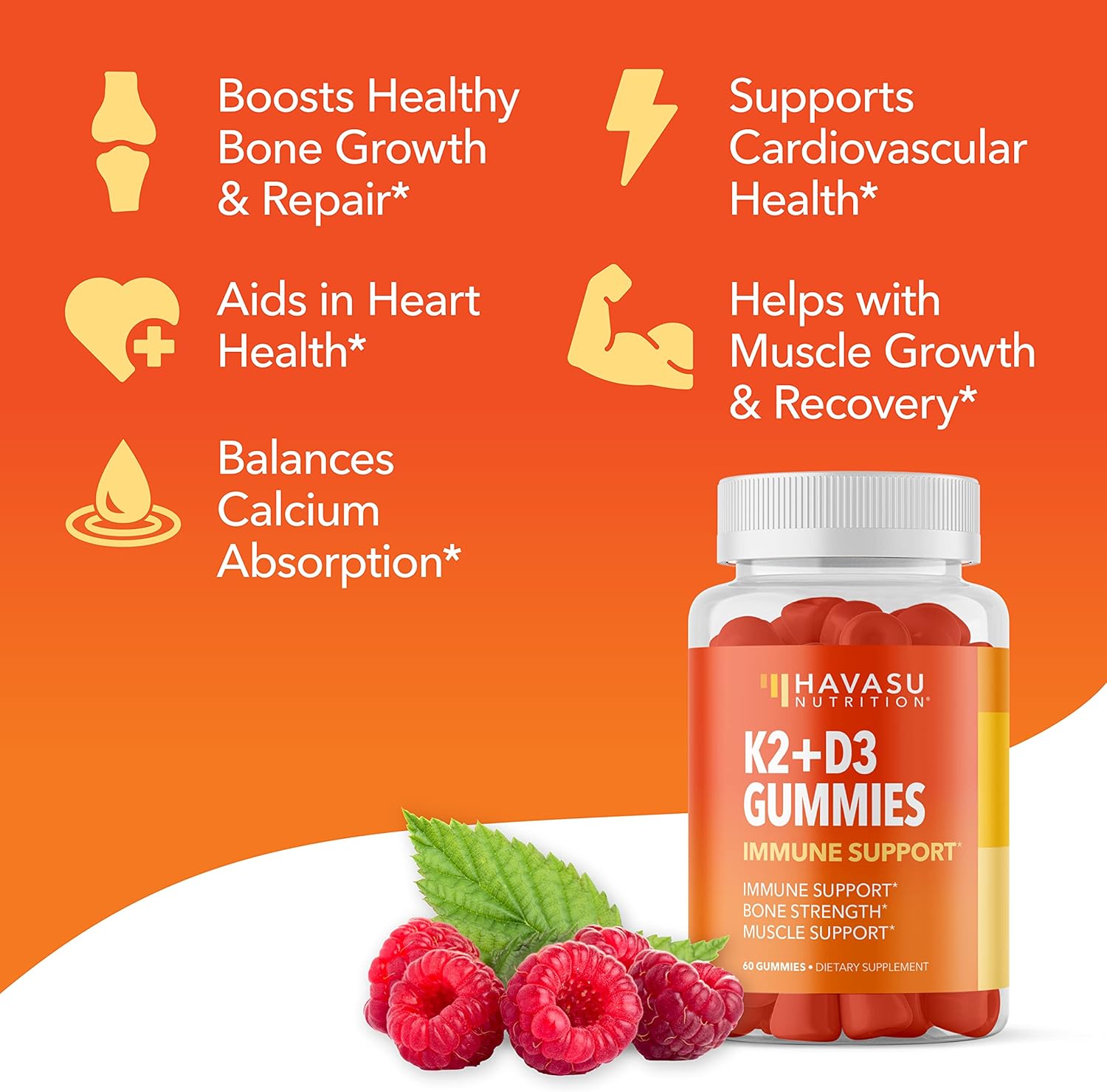 Plant-Based Vitamin D3 K2 Gummies for Bone & Muscle Support - 60 Vegan Raspberry Flavored Gummies