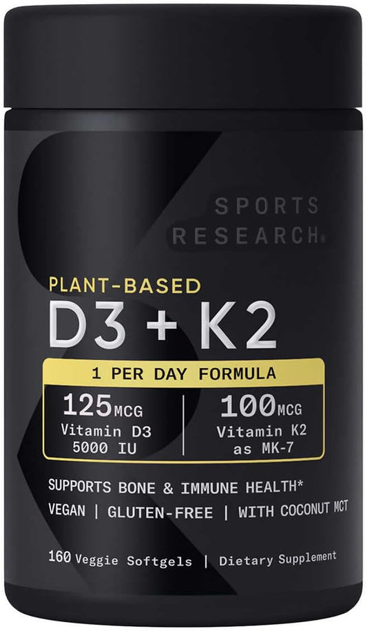 Plant-Based Vitamin D3 + K2 Supplement, 5-Month Vegan Supply, 5000iu D3 & 100mcg K2 with Coconut MCT Oil