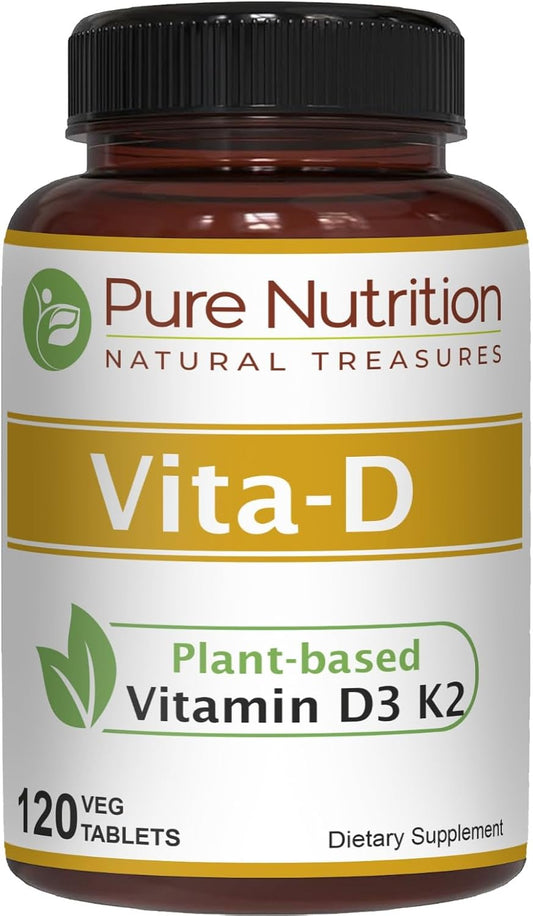 Plant-Based Vitamin D3 K2 Supplement | Pure Nutrition Vita D3 K2 | 120 Tablets | Vitamin D3 6000 IU | Vitamin K2 MK7 100mcg | Non-GMO
