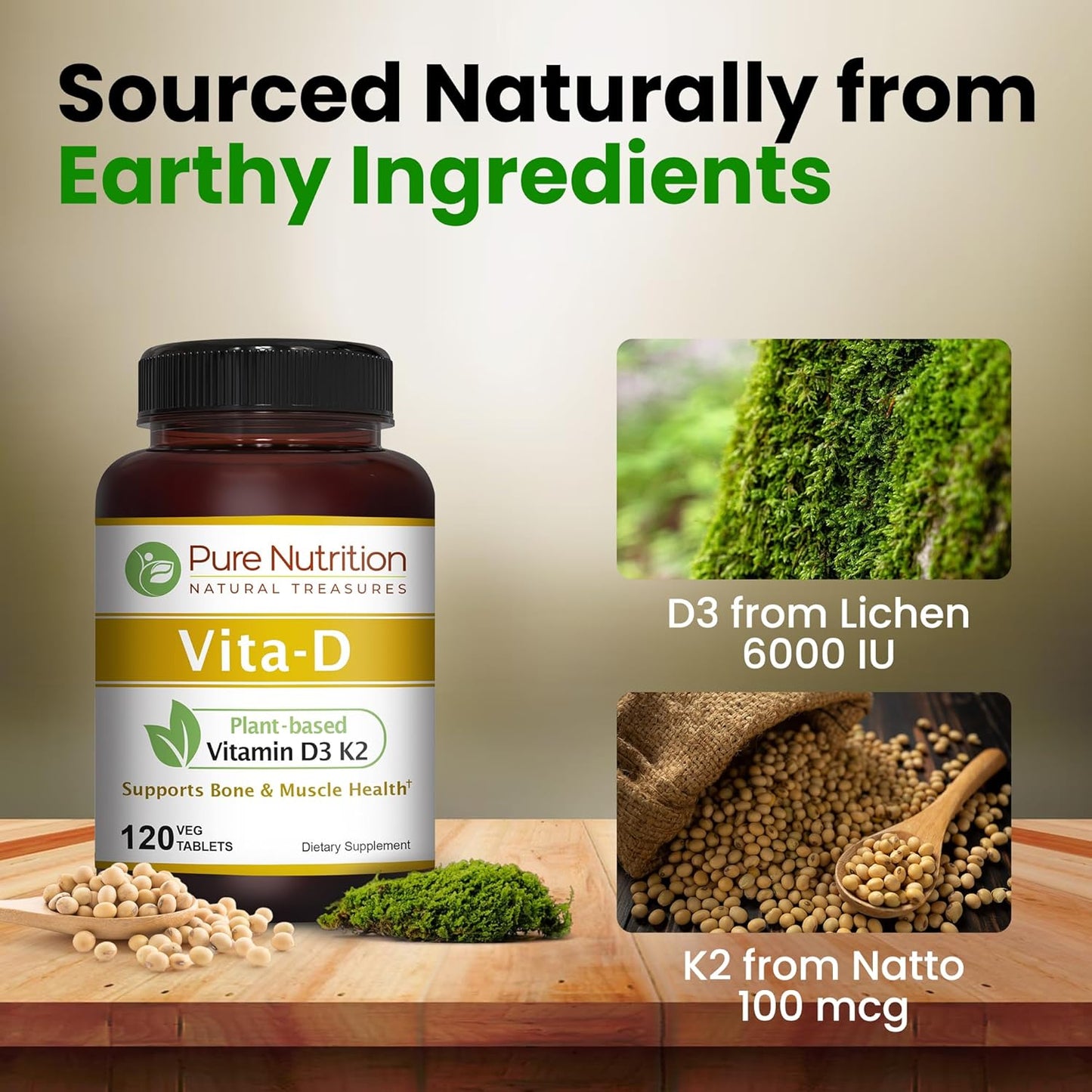 Plant-Based Vitamin D3 K2 Supplement | Pure Nutrition Vita D3 K2 | 120 Tablets | Vitamin D3 6000 IU | Vitamin K2 MK7 100mcg | Non-GMO