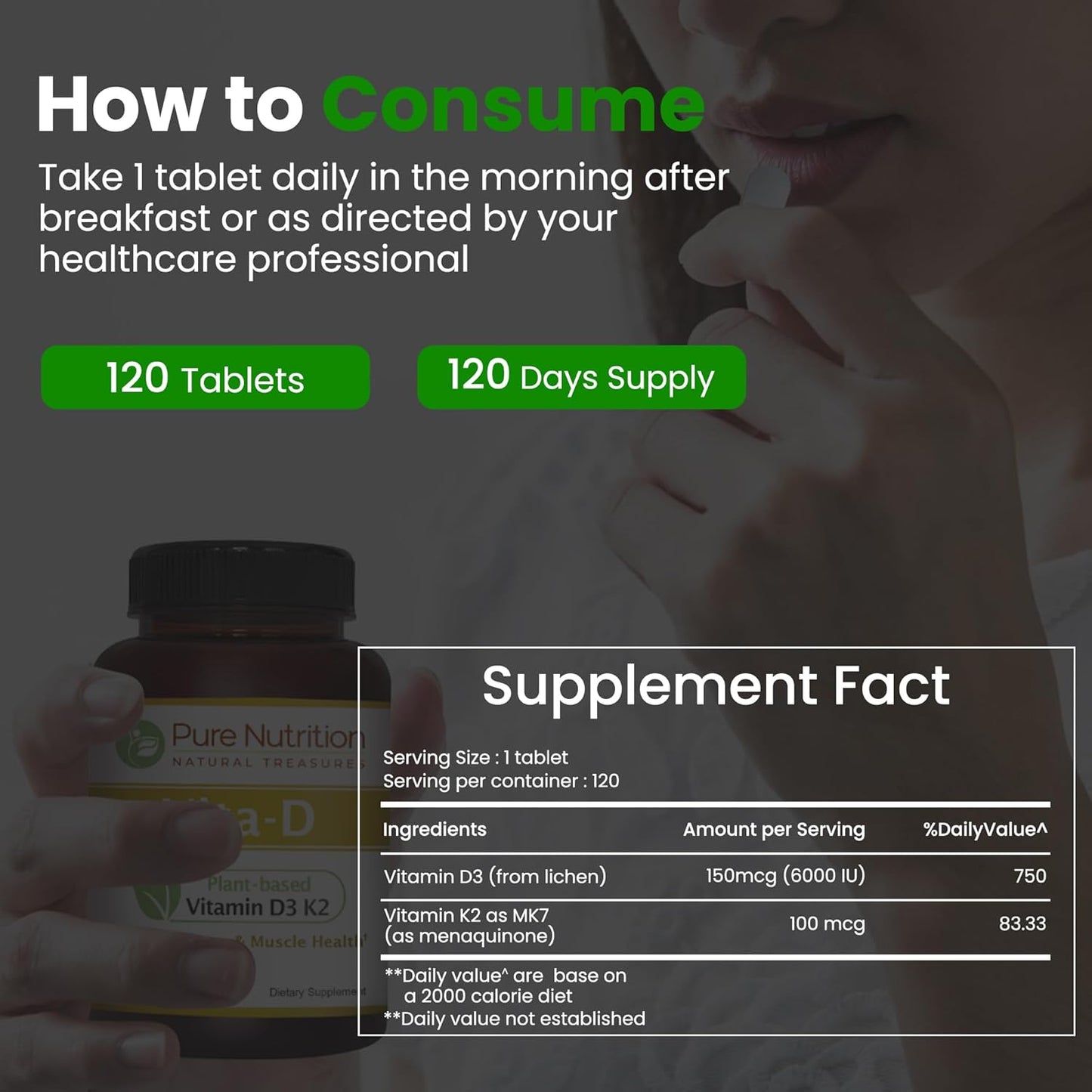 Plant-Based Vitamin D3 K2 Supplement | Pure Nutrition Vita D3 K2 | 120 Tablets | Vitamin D3 6000 IU | Vitamin K2 MK7 100mcg | Non-GMO