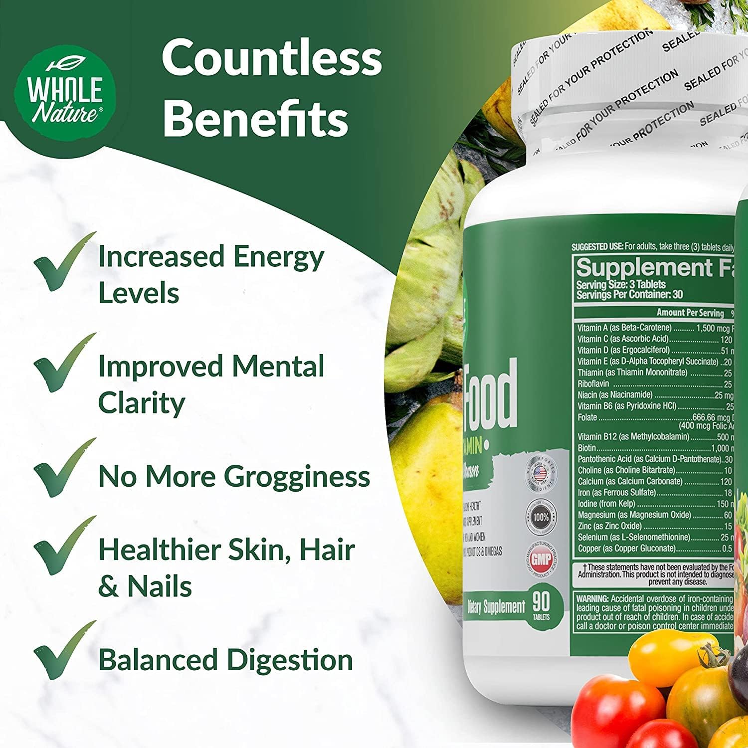 Plant-Based Whole Food Multivitamin with Digestive Support for Men and Women - Non-GMO Superfood Vitamins with Probiotics and Omegas