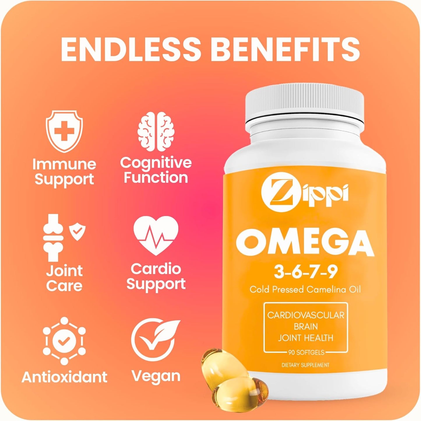 Plant Based Zippi Omega 3-6-7-9 Softgels for Brain, Liver, Cardiovascular & Joint Health (2 Pack)