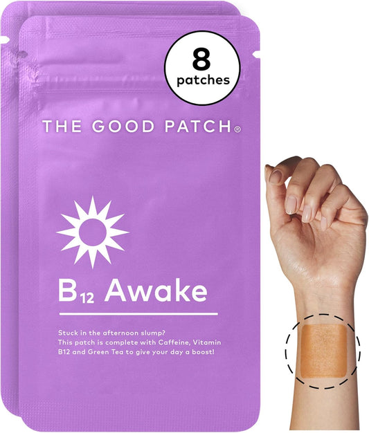 Plant-Powered B12 Awake Patches with Caffeine and Green Tea Extract for Energy Boost (Pack of 8)