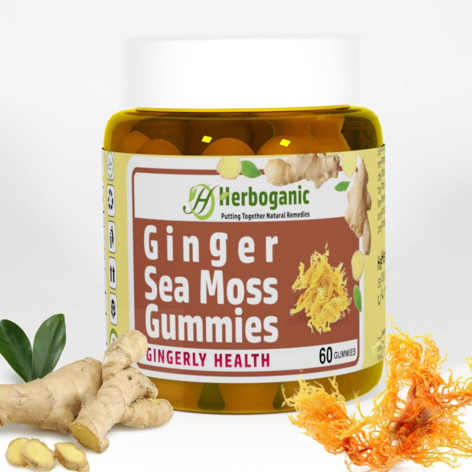 Plant-Powered HERBOGANIC Ginger Sea Moss Gummies for Immune & Digestive Health - 60 Count, Gluten-Free & Vegan-Friendly