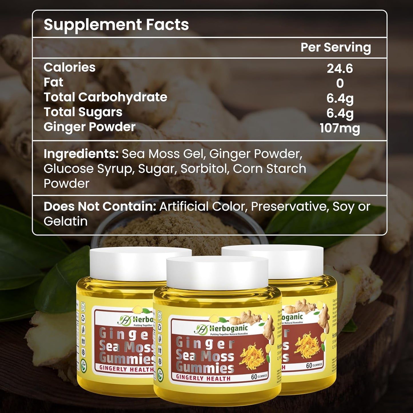 Plant-Powered HERBOGANIC Ginger Sea Moss Gummies for Immune & Digestive Health - 60 Count, Gluten-Free & Vegan-Friendly