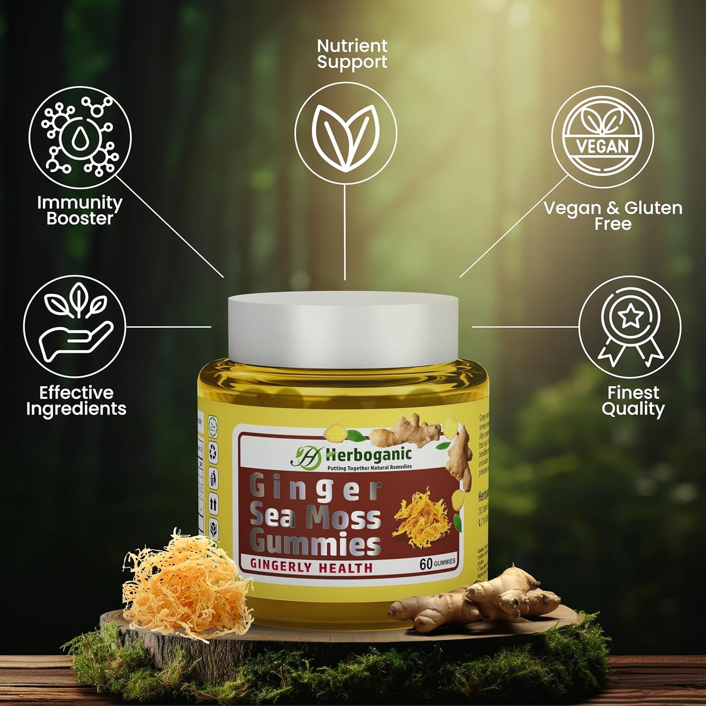 Plant-Powered HERBOGANIC Ginger Sea Moss Gummies for Immune & Digestive Health - 60 Count, Gluten-Free & Vegan-Friendly