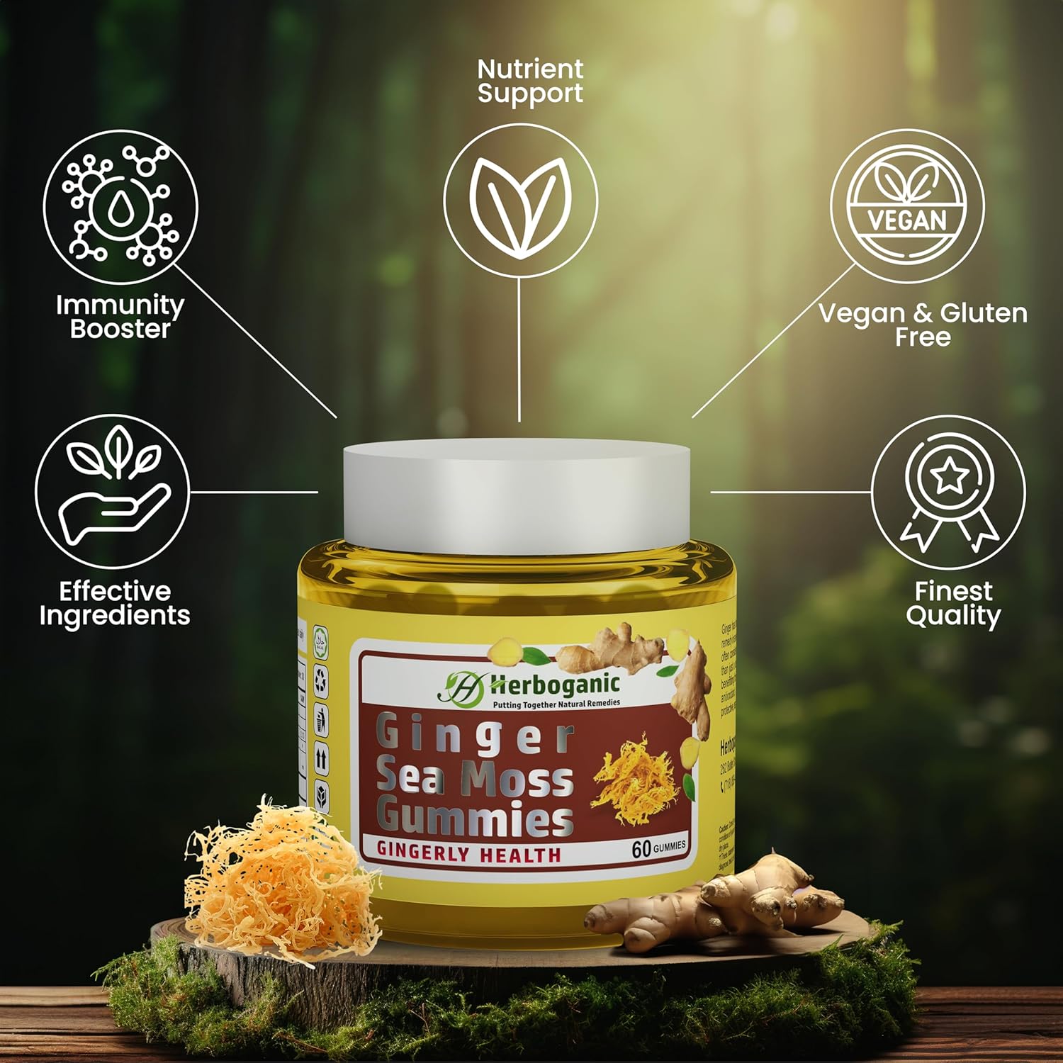 Plant-Powered HERBOGANIC Ginger Sea Moss Gummies for Immune & Digestive Health - 60 Count, Gluten-Free & Vegan-Friendly