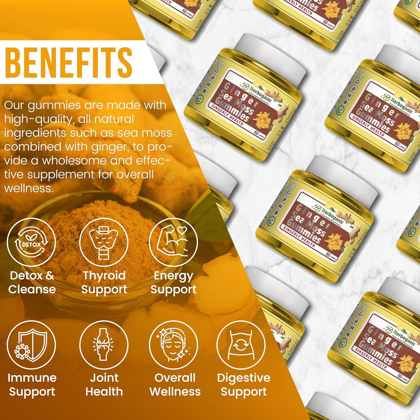 Plant-Powered HERBOGANIC Ginger Sea Moss Gummies for Immune & Digestive Health - 60 Count, Gluten-Free & Vegan-Friendly