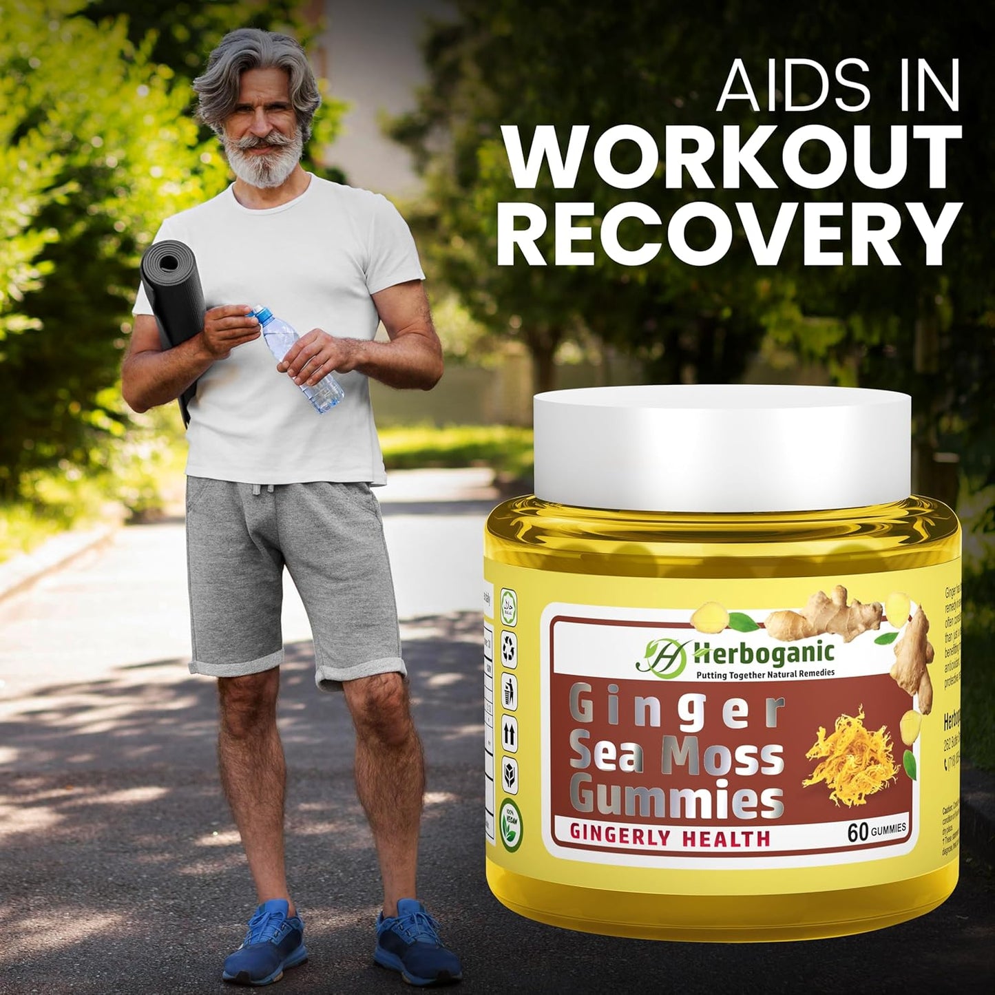 Plant-Powered HERBOGANIC Ginger Sea Moss Gummies for Immune & Digestive Health - 60 Count, Gluten-Free & Vegan-Friendly