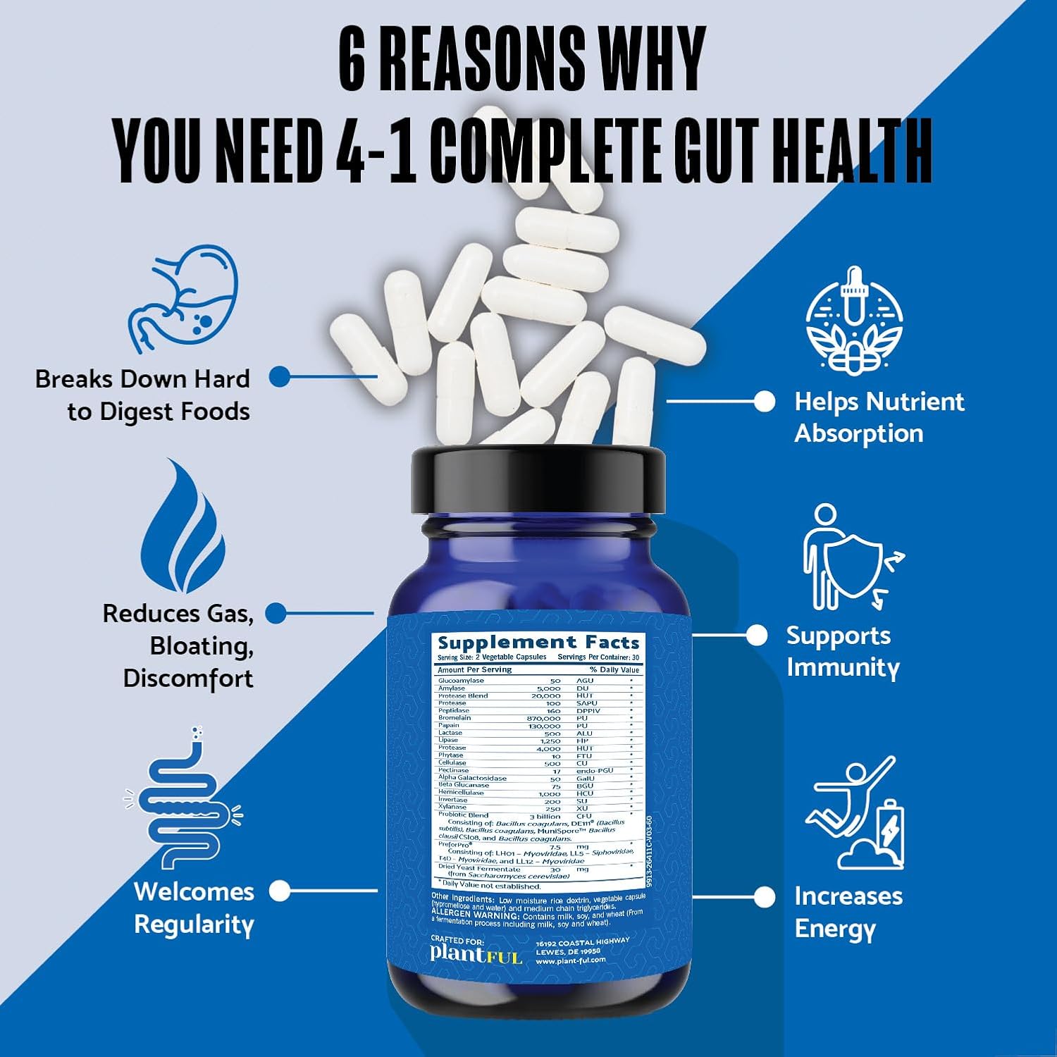 Plantful Research Digestive Enzymes & Probiotics - Gut Health Support for Men & Women - Gas & Bloating Relief - 60 Non GMO Caps
