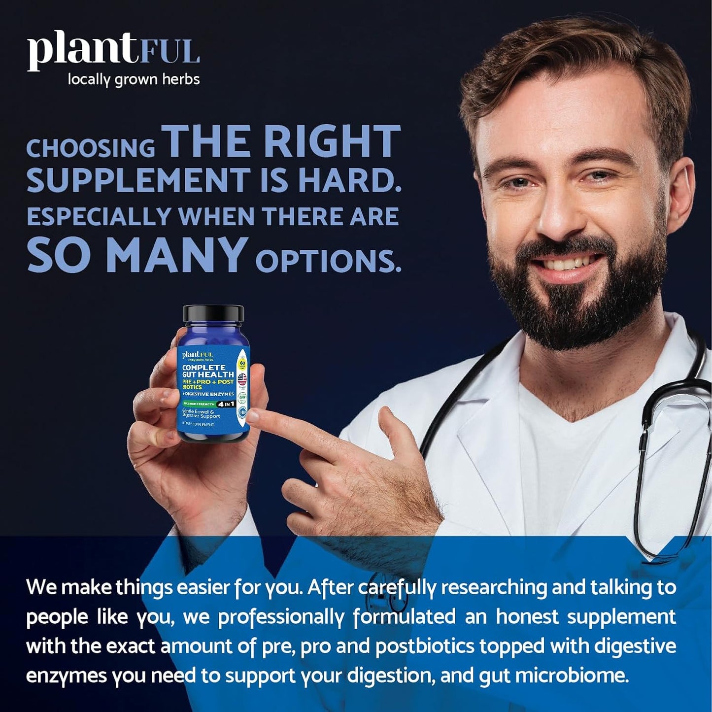 Plantful Research Digestive Enzymes & Probiotics - Gut Health Support for Men & Women - Gas & Bloating Relief - 60 Non GMO Caps