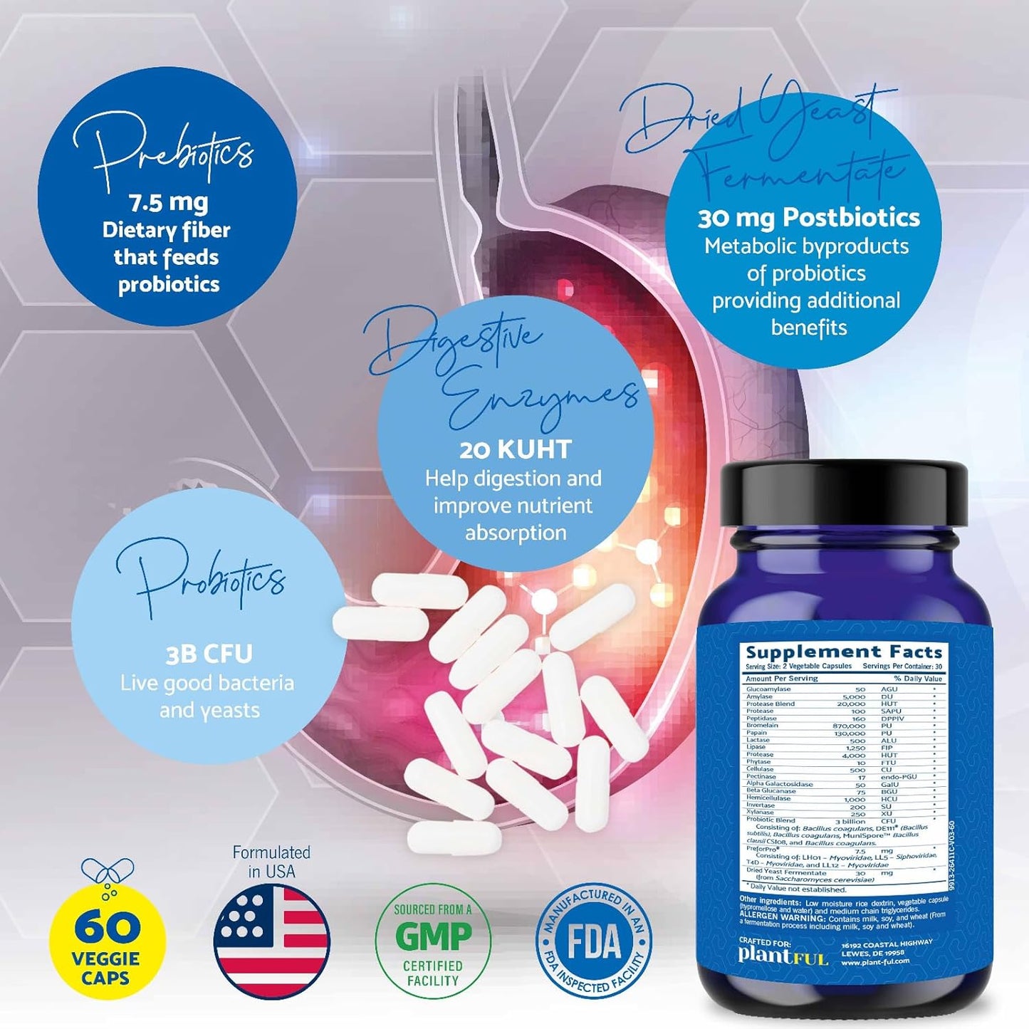 Plantful Research Digestive Enzymes & Probiotics - Gut Health Support for Men & Women - Gas & Bloating Relief - 60 Non GMO Caps
