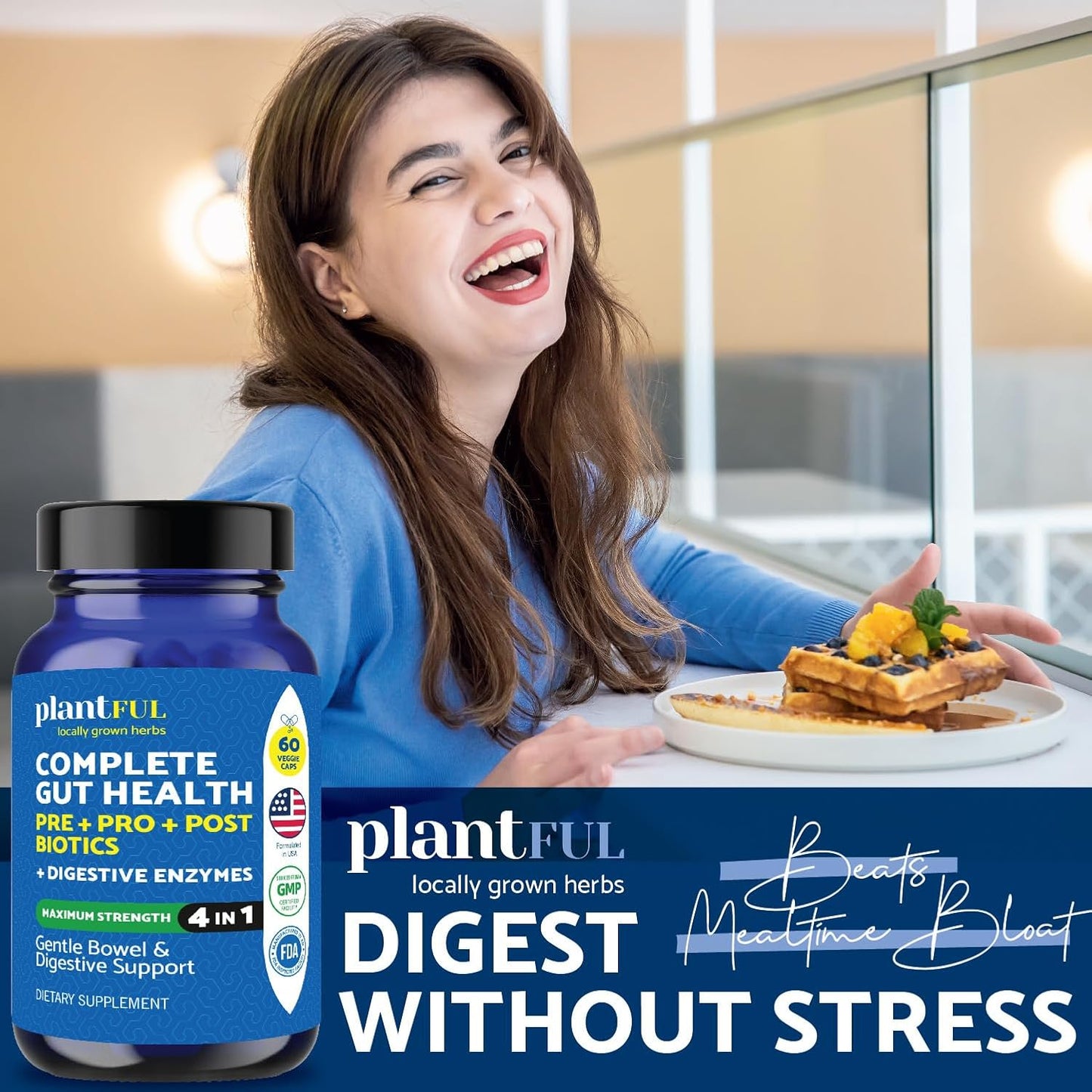 Plantful Research Digestive Enzymes & Probiotics - Gut Health Support for Men & Women - Gas & Bloating Relief - 60 Non GMO Caps