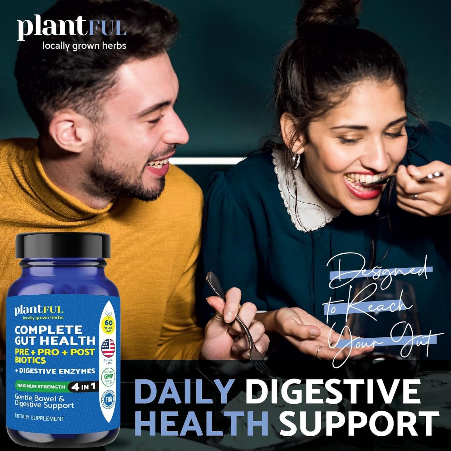 Plantful Research Digestive Enzymes & Probiotics - Gut Health Support for Men & Women - Gas & Bloating Relief - 60 Non GMO Caps