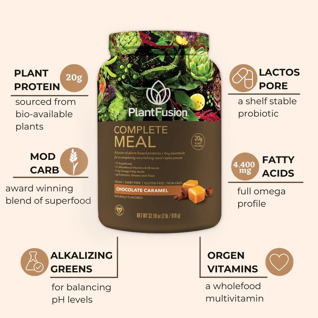 PlantFusion Complete Meal Replacement Shake - Chocolate Caramel Flavor - Plant Based Protein Powder with Superfoods, Greens, and Probiotics - Vegan, Gluten Free, Soy Free, Non-Dairy - Non-GMO - 2 lb
