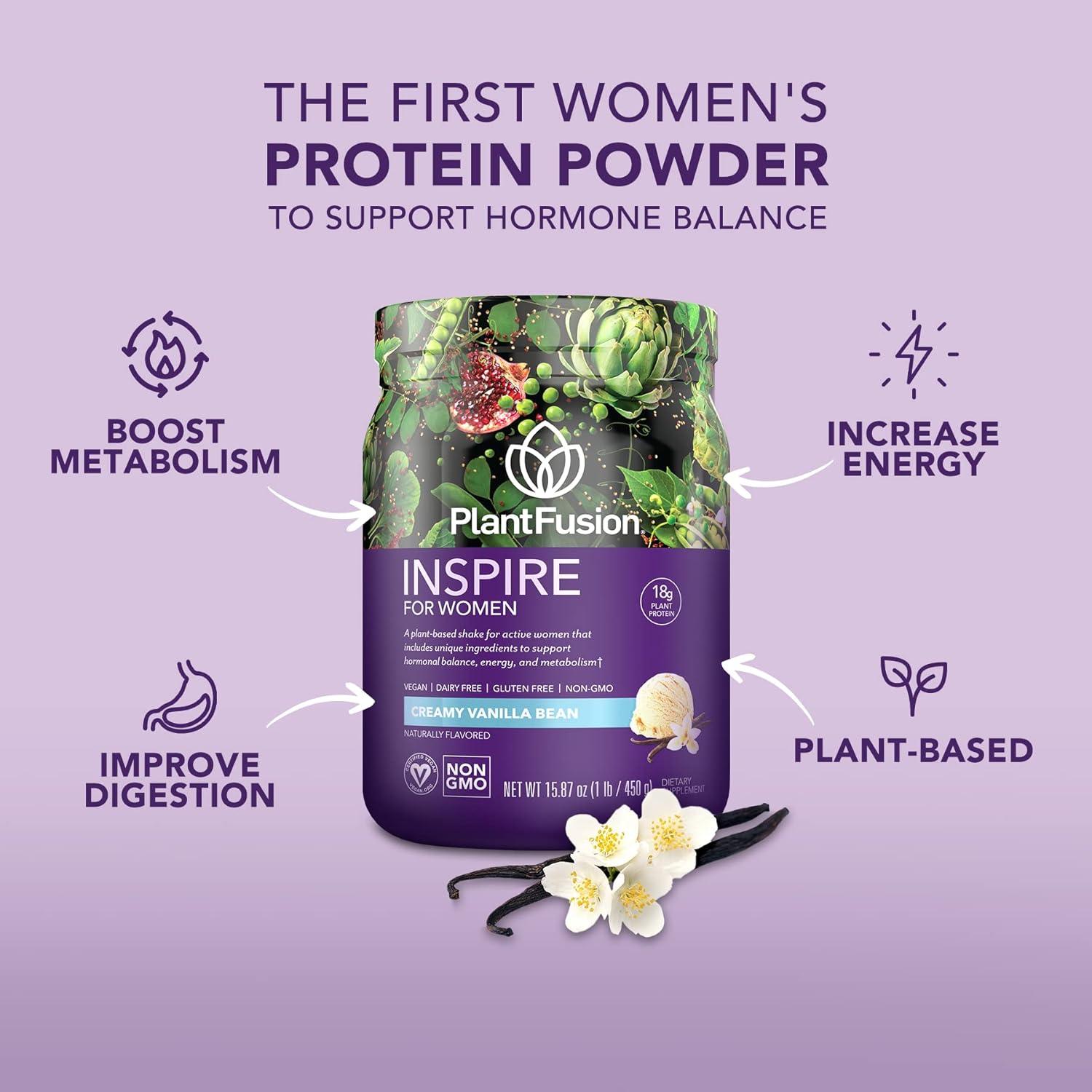 PlantFusion Inspire Creamy Vanilla Bean 1 lb - Women's Low Carb Protein Powder for Lean Muscle - Keto, Gluten Free, Soy Free, Non-Dairy, No Sugar, Non-GMO