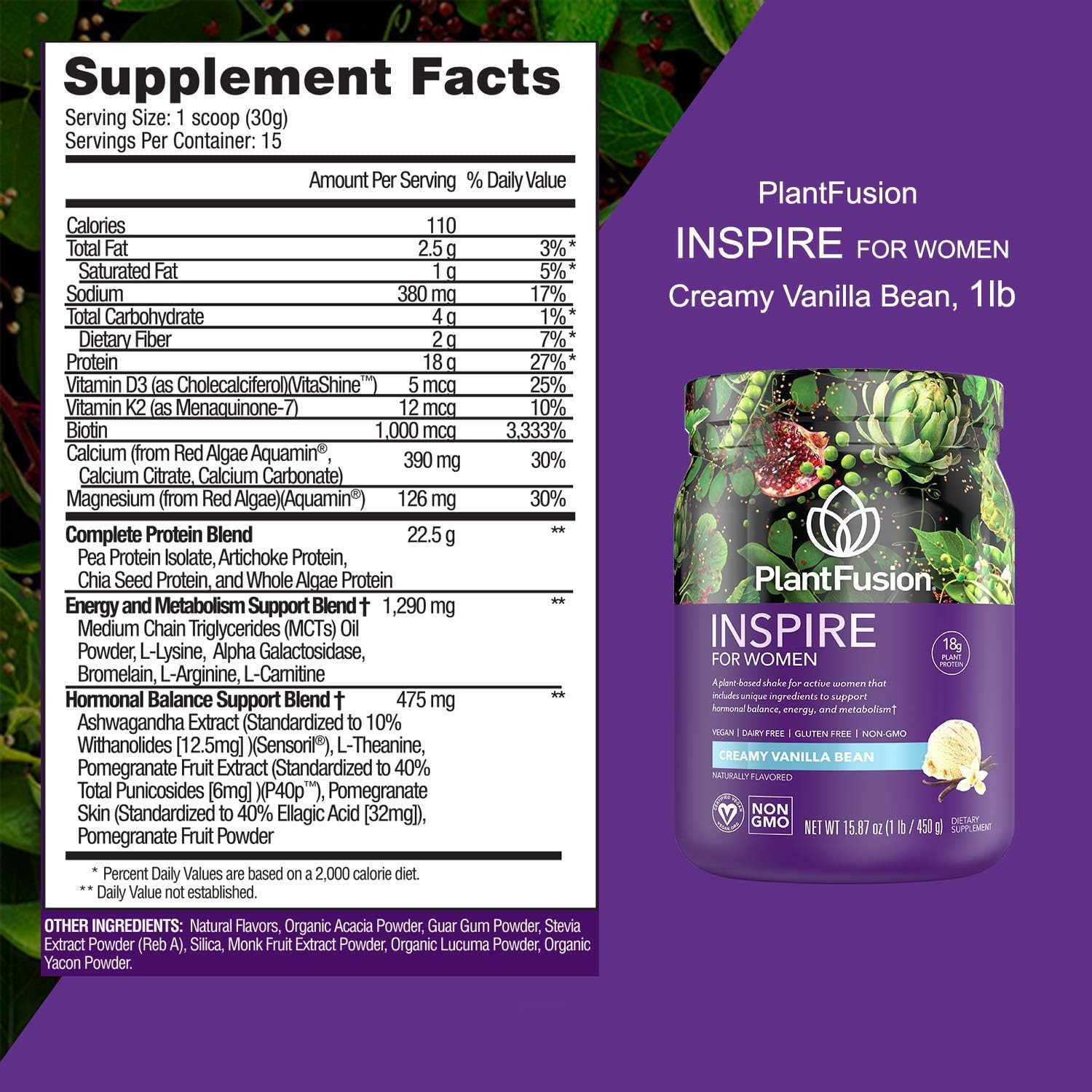 PlantFusion Inspire Creamy Vanilla Bean 1 lb - Women's Low Carb Protein Powder for Lean Muscle - Keto, Gluten Free, Soy Free, Non-Dairy, No Sugar, Non-GMO