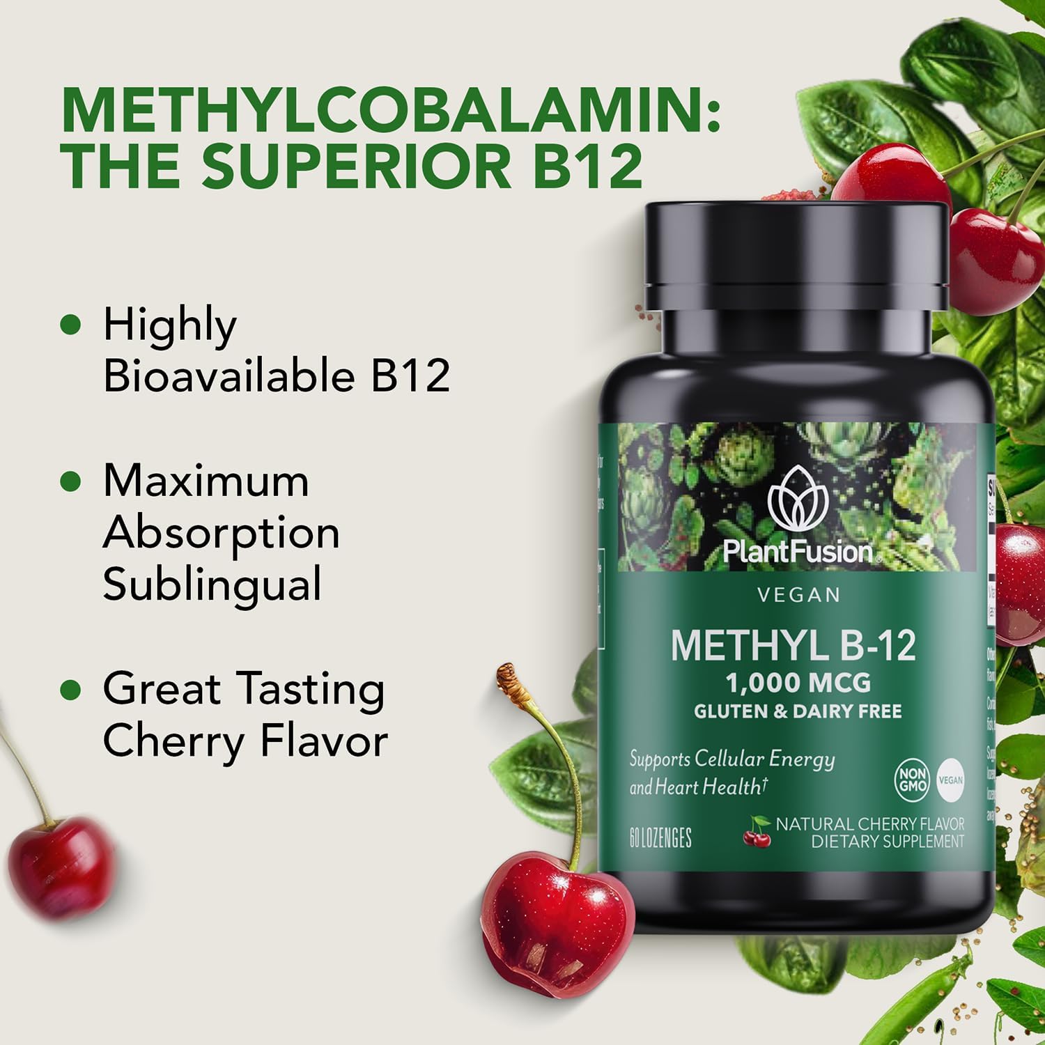 PlantFusion Methylcobalamin B12 Sublingual Vitamin Lozenges - 1000mcg Cherry Flavor - Non-GMO, Supports Cellular Energy, Heart & Nervous System - 60 Count