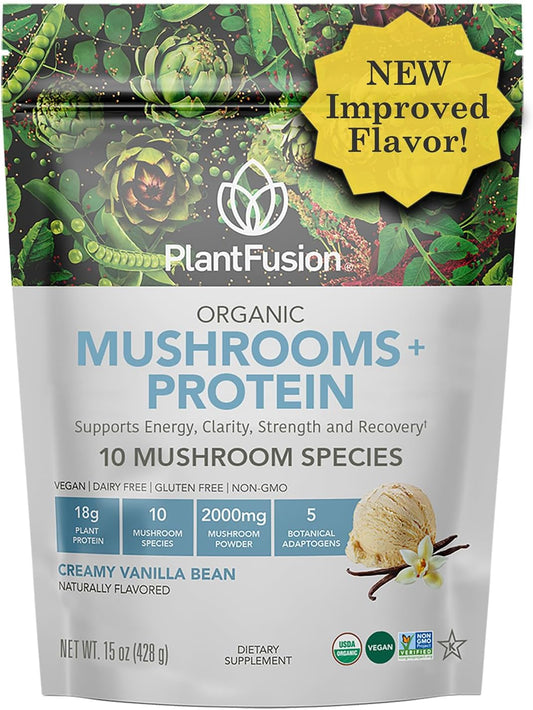 Plantfusion Mushroom Protein Powder - 3-in-1 Vegan Protein, Mushroom & Adaptogen Supplement for Mental Focus, Immunity & Recovery - Vanilla - 1lb