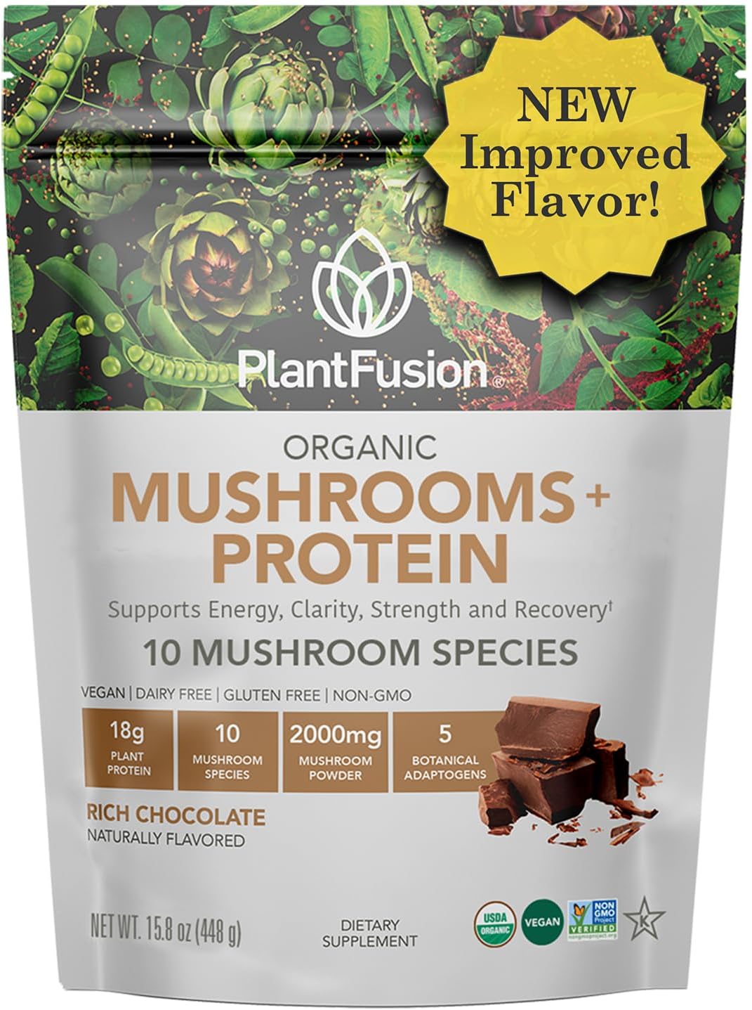Plantfusion Mushroom Protein Powder - Vegan 3 in 1 Protein, Mushroom, and Adaptogen Supplement for Mental Focus, Immunity, Recovery - Chocolate 1lb - Gluten-Free